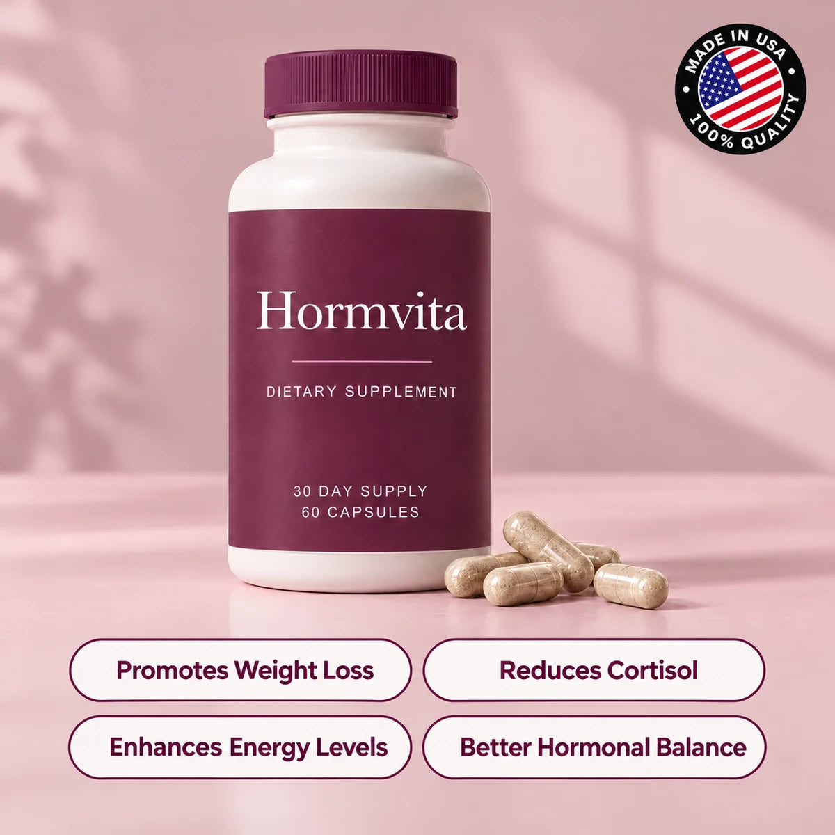 Hormvita bottle with its four benefits: promotes weight loss, reduces cortisol, enhances energy levels, better hormonal balance