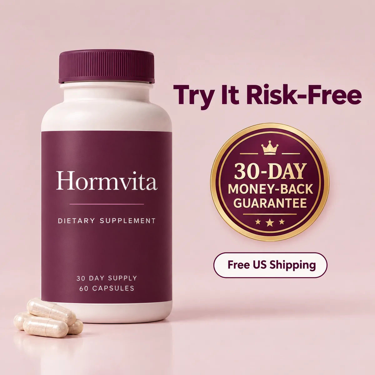 Hormvita bottle with the 30-day money-back guarantee seal and free US shipping badge