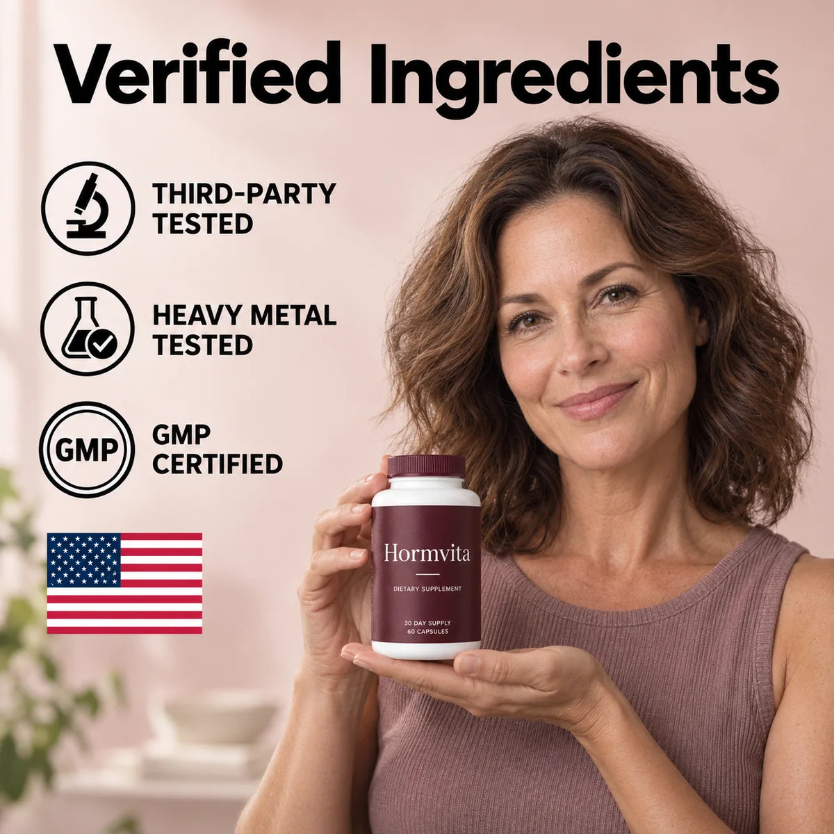 Hormvita bottle held in hand with the labels third-party tested, heavy-metal tested, GMP certified and made in the USA