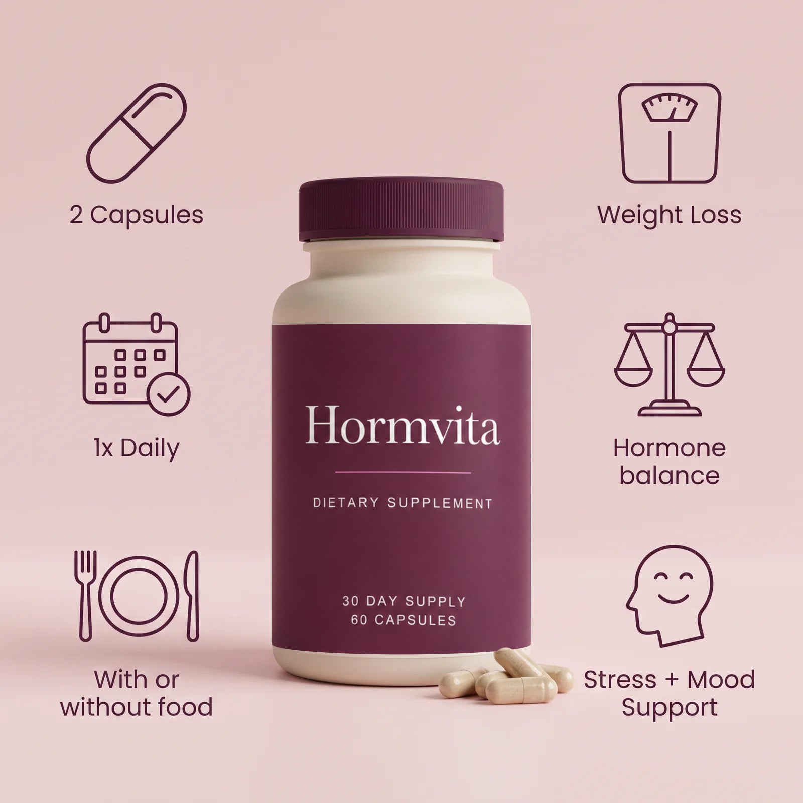 How to take Hormvita: 2 capsules, once daily, with or without food